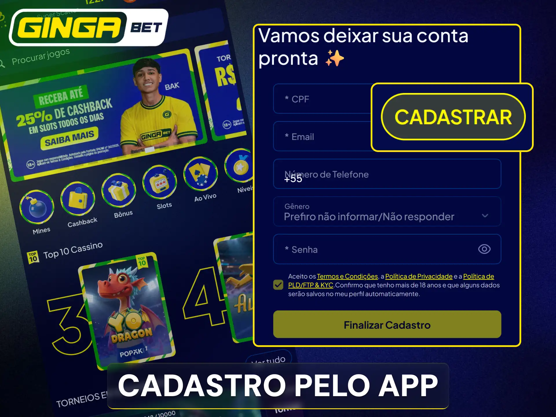 Crie o seu perfil de usuário diretamente no aplicativo da Gingabet.