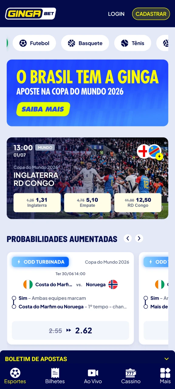 Faça suas apostas esportivas prediletas no app da Gingabet.