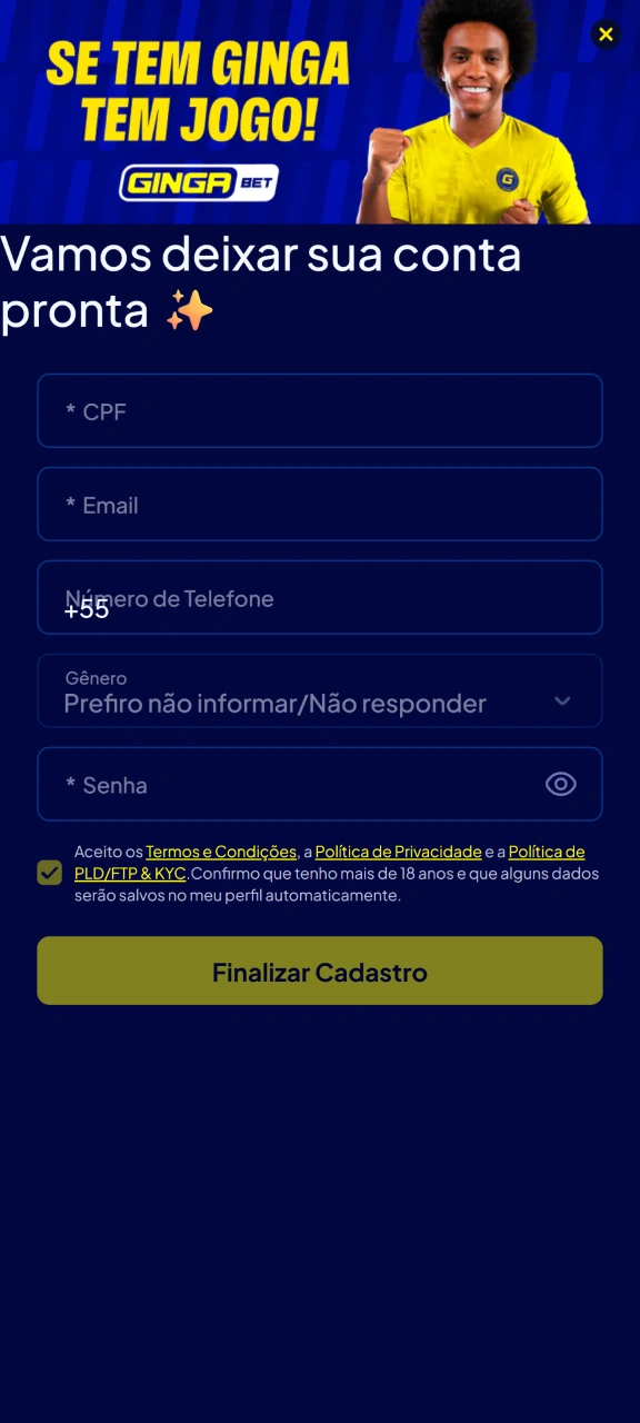 Crie sua nova conta diretamente pelo aplicativo da Gingabet.
