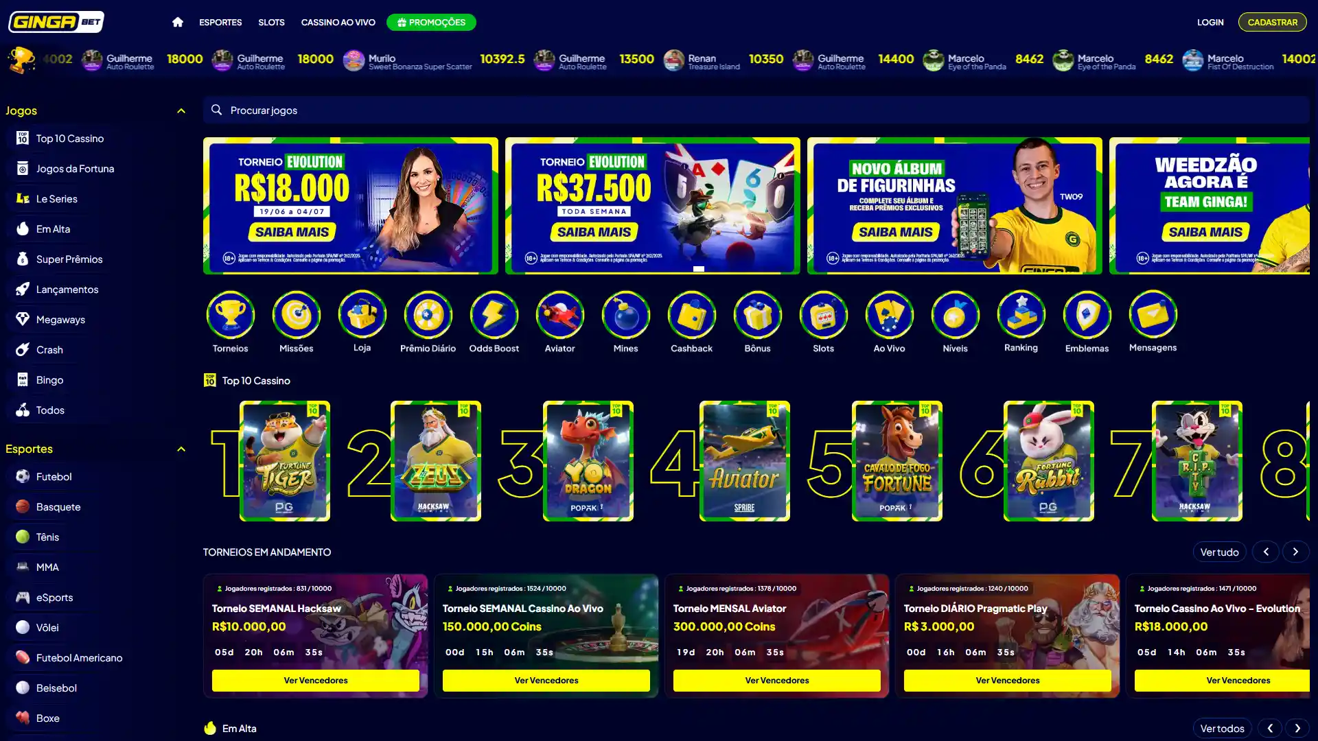 Navegue pela tela principal para descobrir todos os recursos da Gingabet.