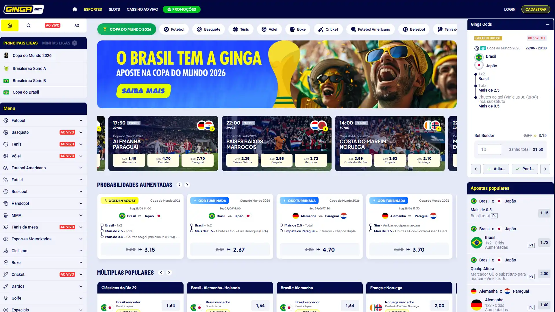 Faça suas apostas nas principais modalidades e campeonatos com a Gingabet.