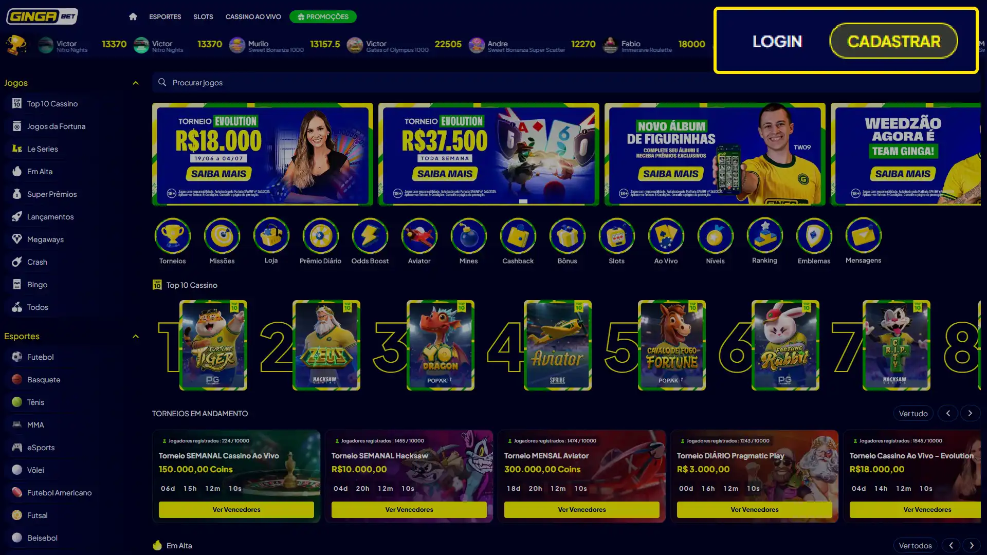 Abra a tela de login para acessar sua conta na Gingabet.