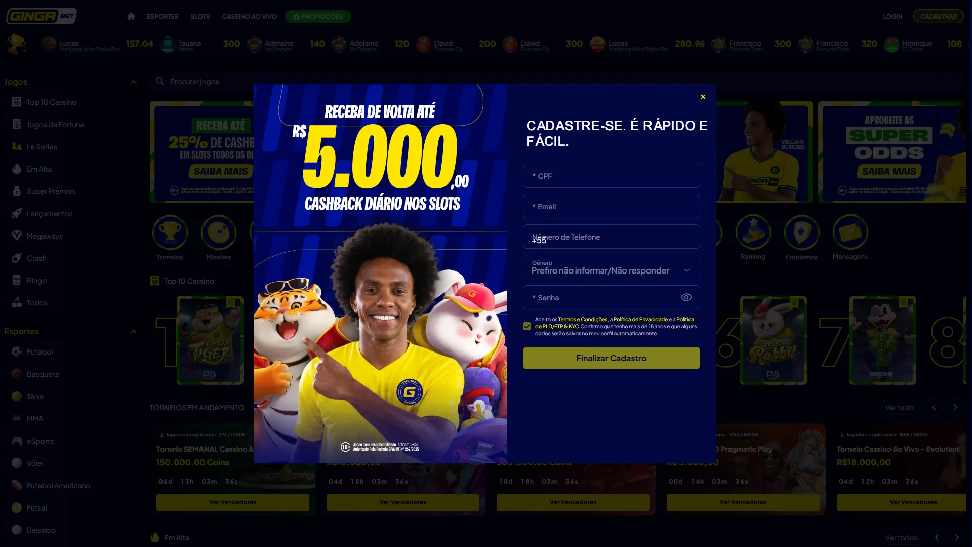 Acesse seu perfil ou crie uma nova conta na plataforma Gingabet.