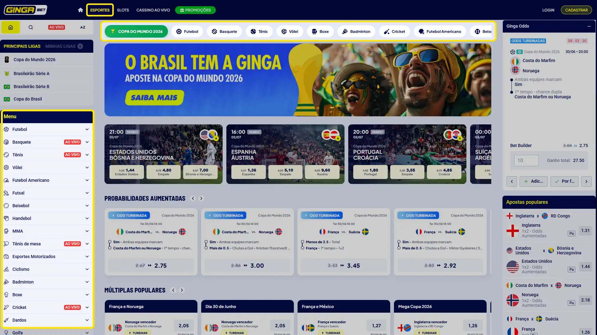 Explore os eventos esportivos e mercados de apostas disponíveis na Gingabet.